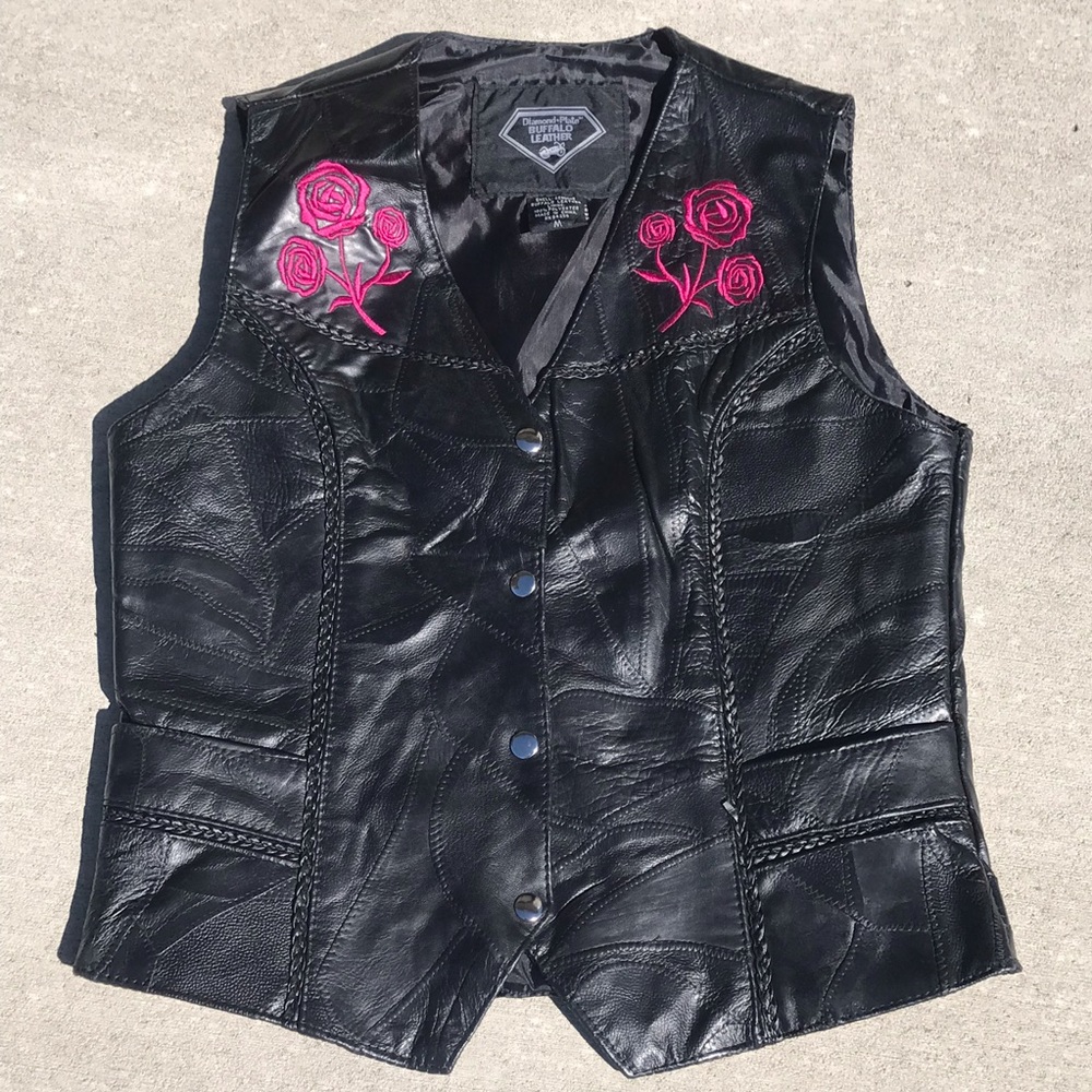 Pieced Black Diamond Plate Buffalo Leather Vest with Pink Embroidered Roses